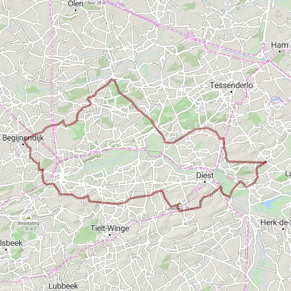 Miniatuurkaart van de fietsinspiratie "Avontuurlijke graveltocht door de Kempen" in Prov. Limburg (BE), Belgium. Gemaakt door de Tarmacs.app fietsrouteplanner