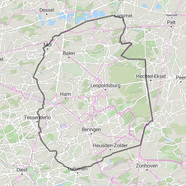 Miniature de la carte de l'inspiration cycliste "Exploration des Terres Limbourgeoises" dans la Prov. Limburg (BE), Belgium. Générée par le planificateur d'itinéraire cycliste Tarmacs.app