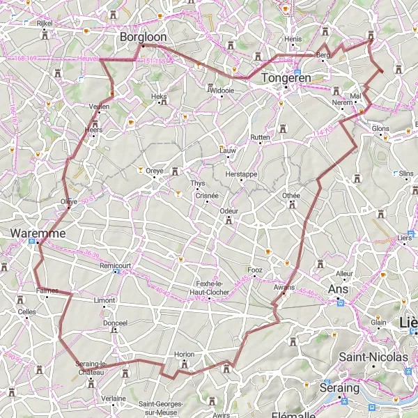 Miniatuurkaart van de fietsinspiratie "Wijnkasteel Genoels-Elderen Gravelroute" in Prov. Limburg (BE), Belgium. Gemaakt door de Tarmacs.app fietsrouteplanner