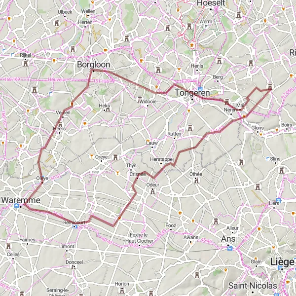 Miniatuurkaart van de fietsinspiratie "Gravelrit naar Borgloon en Waremme" in Prov. Limburg (BE), Belgium. Gemaakt door de Tarmacs.app fietsrouteplanner