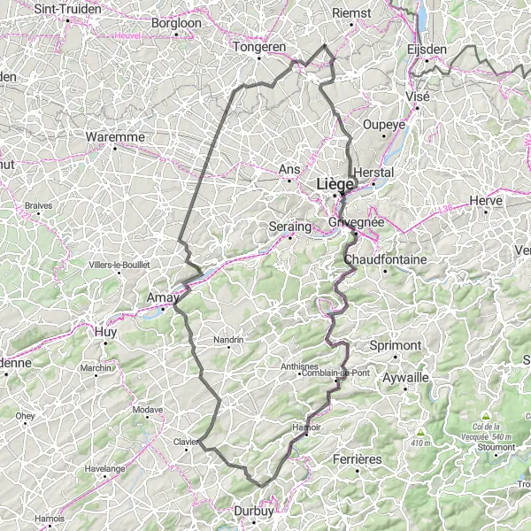 Miniatuurkaart van de fietsinspiratie "Avontuurlijke tocht naar Esneux en Mal" in Prov. Limburg (BE), Belgium. Gemaakt door de Tarmacs.app fietsrouteplanner