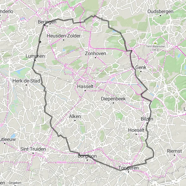 Map miniature of "Burcht van Loon and more: Millen Cycling Route Through Limburg" cycling inspiration in Prov. Limburg (BE), Belgium. Generated by Tarmacs.app cycling route planner