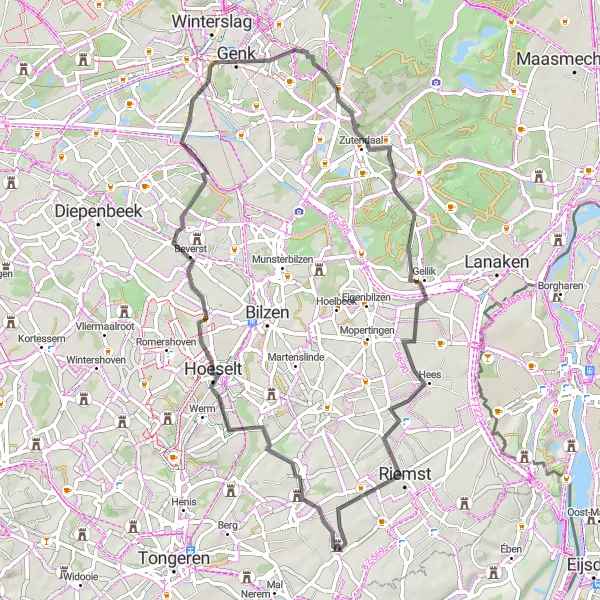 Map miniature of "Countryside Exploration: Road Cycling Route near Millen" cycling inspiration in Prov. Limburg (BE), Belgium. Generated by Tarmacs.app cycling route planner