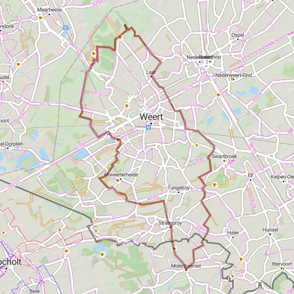 Miniature de la carte de l'inspiration cycliste "Boucle à vélo facile autour de Molenbeersel" dans la Prov. Limburg (BE), Belgium. Générée par le planificateur d'itinéraire cycliste Tarmacs.app
