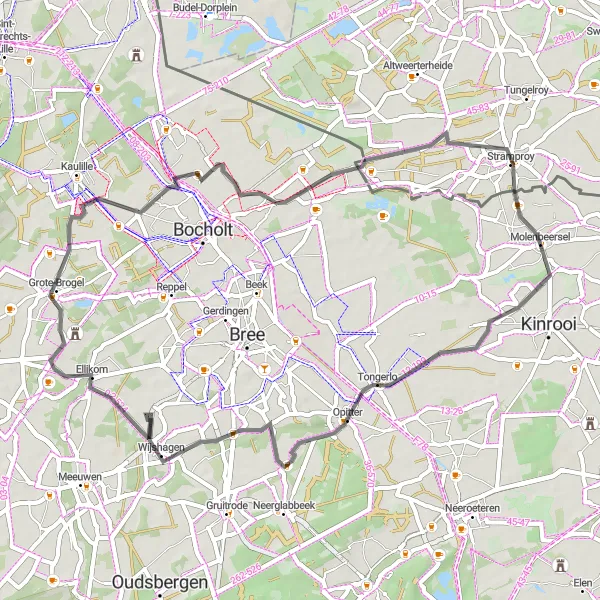 Map miniature of "Opitter and Stramproy Exploration" cycling inspiration in Prov. Limburg (BE), Belgium. Generated by Tarmacs.app cycling route planner