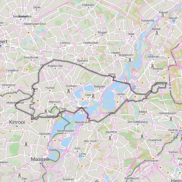 Miniature de la carte de l'inspiration cycliste "Parcours routier à travers la campagne de Limbourg" dans la Prov. Limburg (BE), Belgium. Générée par le planificateur d'itinéraire cycliste Tarmacs.app