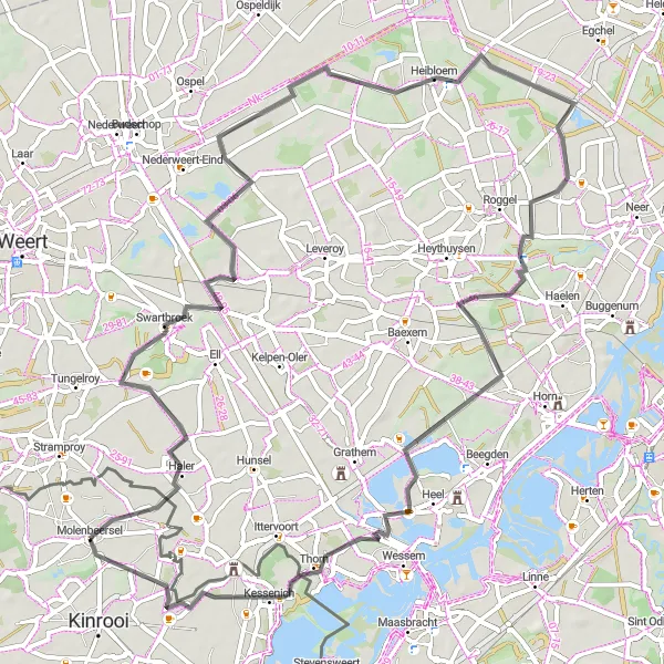 Map miniature of "Swartbroek and Heibloem Exploration" cycling inspiration in Prov. Limburg (BE), Belgium. Generated by Tarmacs.app cycling route planner