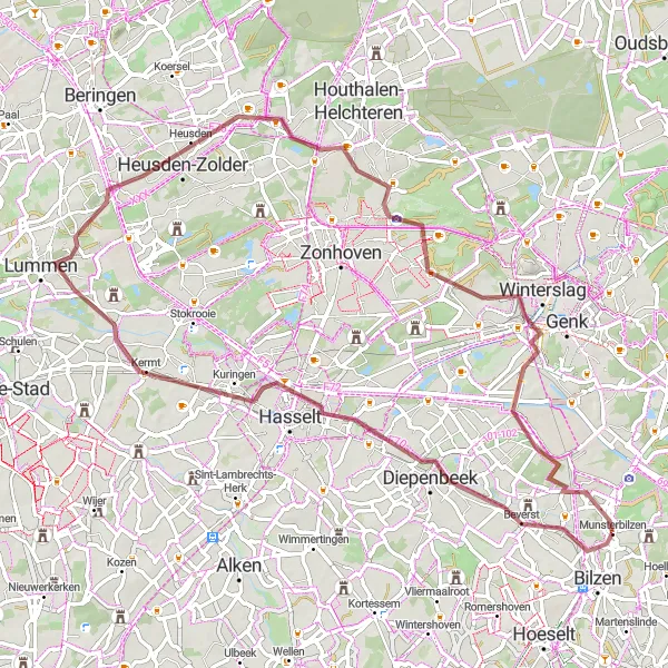 Map miniature of "The Gravel Loop through Diepenbeek, Lummen, and Heusden-Zolder" cycling inspiration in Prov. Limburg (BE), Belgium. Generated by Tarmacs.app cycling route planner