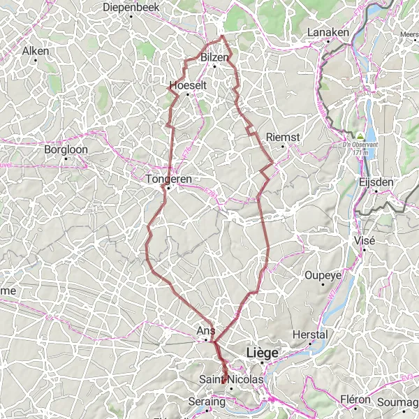 Miniatuurkaart van de fietsinspiratie "Avontuurlijke gravelroute langs Tongeren en Hoeselt" in Prov. Limburg (BE), Belgium. Gemaakt door de Tarmacs.app fietsrouteplanner