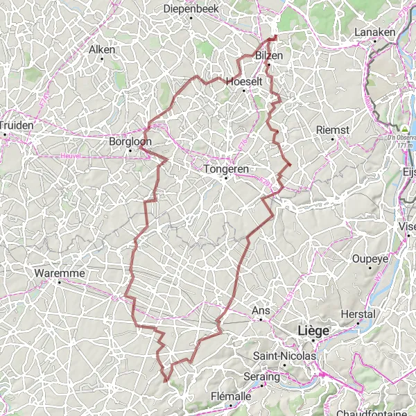 Map miniature of "The Borreberg Gravel Challenge" cycling inspiration in Prov. Limburg (BE), Belgium. Generated by Tarmacs.app cycling route planner