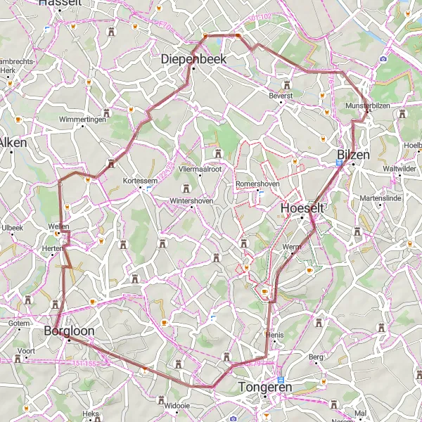 Map miniature of "Gravel Route through Charming Villages and Countryside" cycling inspiration in Prov. Limburg (BE), Belgium. Generated by Tarmacs.app cycling route planner