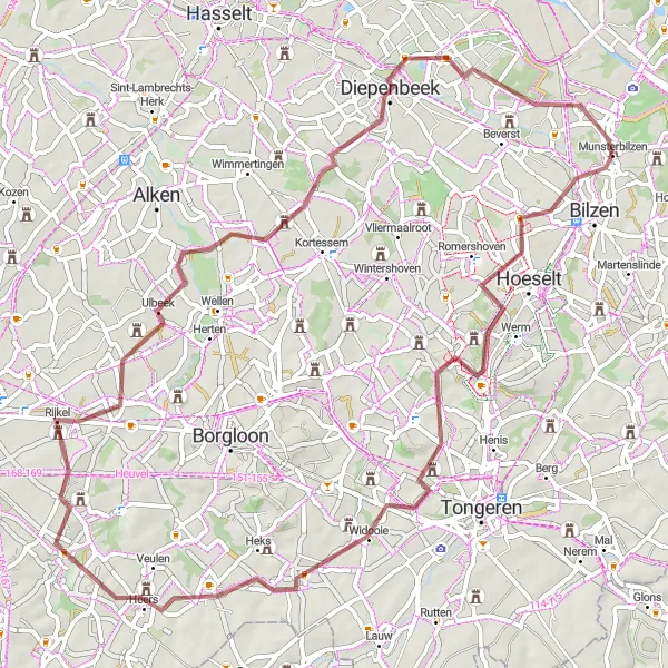 Miniatuurkaart van de fietsinspiratie "Avontuurlijke gravelroute door Hoeselt en Diepenbeek" in Prov. Limburg (BE), Belgium. Gemaakt door de Tarmacs.app fietsrouteplanner