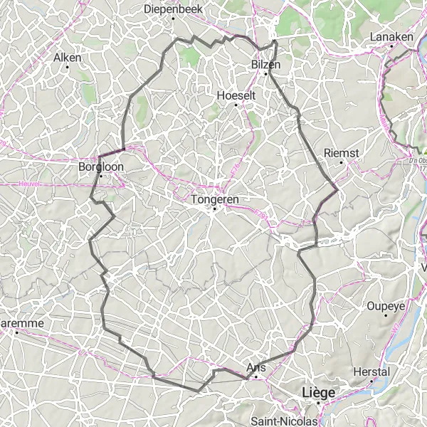 Map miniature of "The Road Challenge from Munsterbilzen to Beverst" cycling inspiration in Prov. Limburg (BE), Belgium. Generated by Tarmacs.app cycling route planner