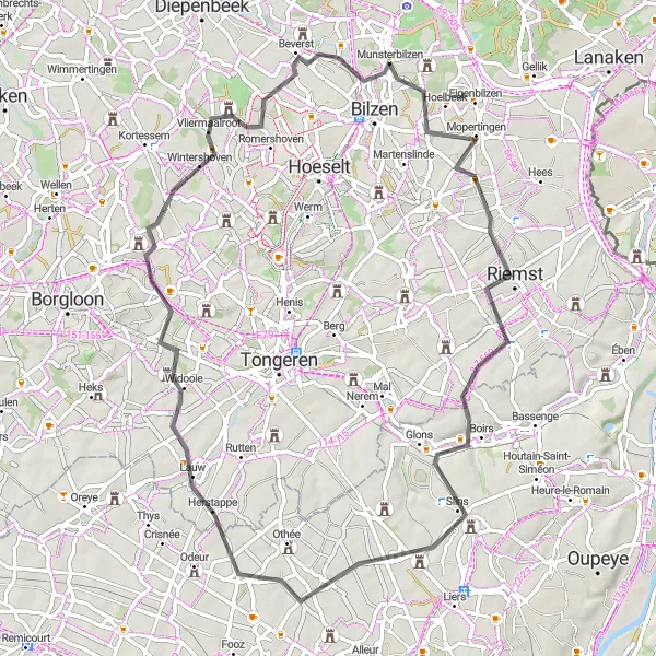 Miniature de la carte de l'inspiration cycliste "Parcours Routier vers Riemst" dans la Prov. Limburg (BE), Belgium. Générée par le planificateur d'itinéraire cycliste Tarmacs.app