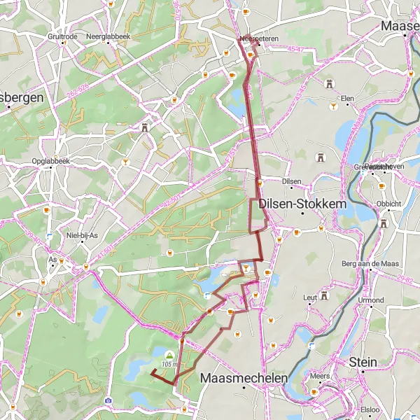 Map miniature of "Gravel Route from Neeroeteren" cycling inspiration in Prov. Limburg (BE), Belgium. Generated by Tarmacs.app cycling route planner
