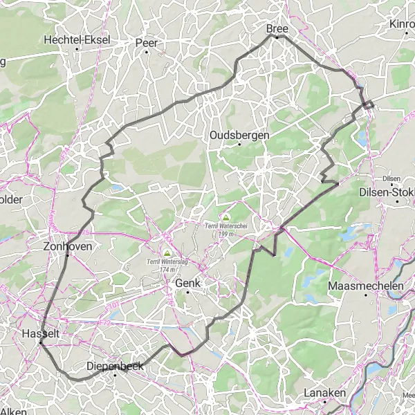 Map miniature of "Neeroeteren Road Route" cycling inspiration in Prov. Limburg (BE), Belgium. Generated by Tarmacs.app cycling route planner