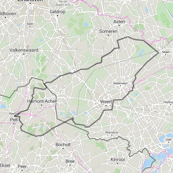 Miniature de la carte de l'inspiration cycliste "La boucle de Soerendonk à Schoor" dans la Prov. Limburg (BE), Belgium. Générée par le planificateur d'itinéraire cycliste Tarmacs.app