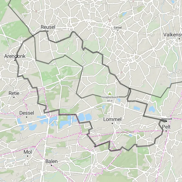 Map miniature of "Pelt - Leyssensmolen Loop" cycling inspiration in Prov. Limburg (BE), Belgium. Generated by Tarmacs.app cycling route planner