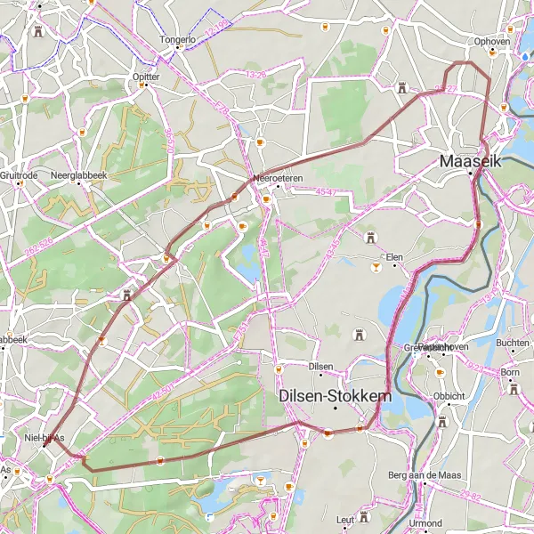 Map miniature of "The Gravel Loop of Maaseik" cycling inspiration in Prov. Limburg (BE), Belgium. Generated by Tarmacs.app cycling route planner