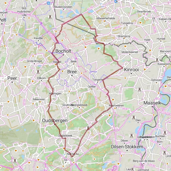 Karten-Miniaturansicht der Radinspiration "Graveltour von Niel-bij-As nach Berg und zurück" in Prov. Limburg (BE), Belgium. Erstellt vom Tarmacs.app-Routenplaner für Radtouren