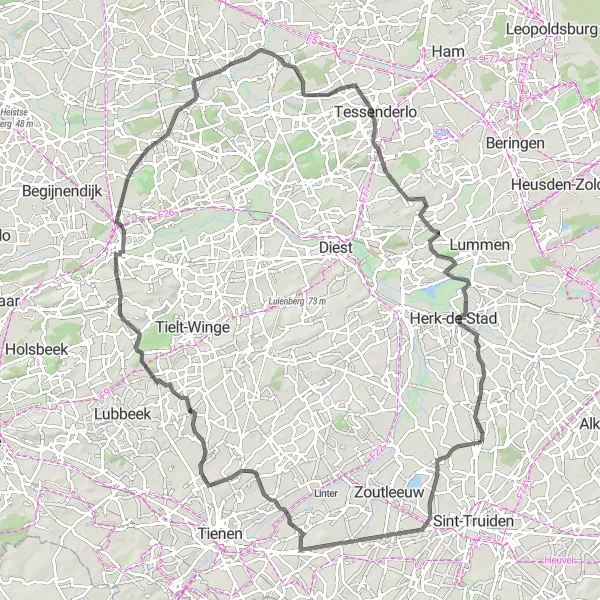Map miniature of "The Road Warrior" cycling inspiration in Prov. Limburg (BE), Belgium. Generated by Tarmacs.app cycling route planner