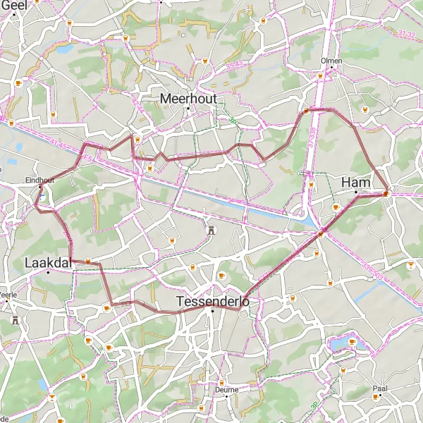 Map miniature of "Short Gravel Route near Oostham" cycling inspiration in Prov. Limburg (BE), Belgium. Generated by Tarmacs.app cycling route planner