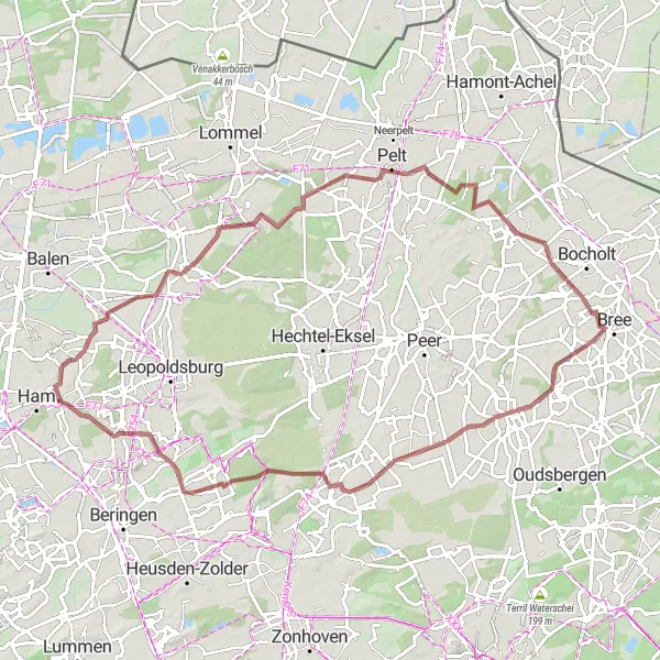Map miniature of "Gravel Route around Oostham" cycling inspiration in Prov. Limburg (BE), Belgium. Generated by Tarmacs.app cycling route planner