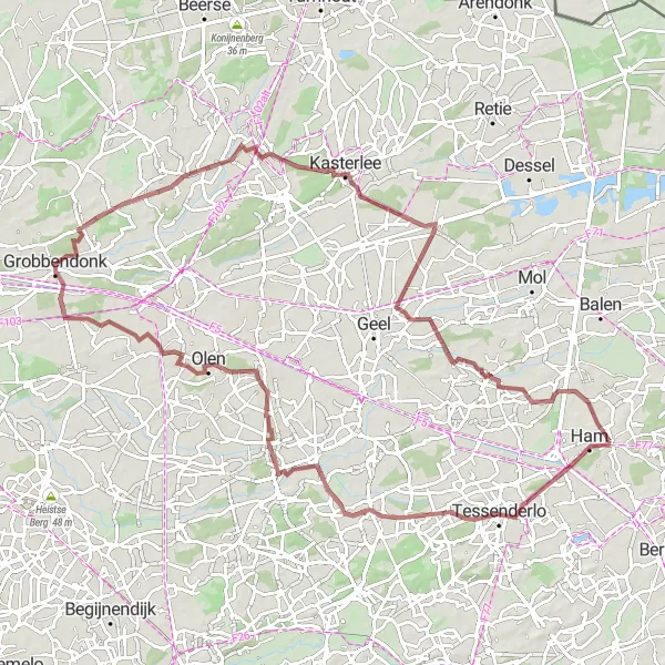 Miniatuurkaart van de fietsinspiratie "Gravelroute Oostham - Noorderwijk - Grobbendonk" in Prov. Limburg (BE), Belgium. Gemaakt door de Tarmacs.app fietsrouteplanner