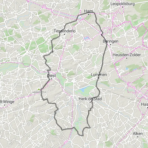 Map miniature of "Road Route to Lummen" cycling inspiration in Prov. Limburg (BE), Belgium. Generated by Tarmacs.app cycling route planner