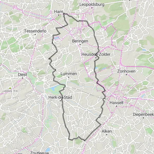 Map miniature of "Road Route to Heusden-Zolder" cycling inspiration in Prov. Limburg (BE), Belgium. Generated by Tarmacs.app cycling route planner