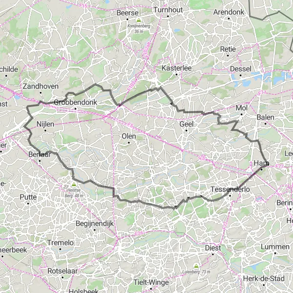 Miniature de la carte de l'inspiration cycliste "Parcours de Tessenderlo à Olmen" dans la Prov. Limburg (BE), Belgium. Générée par le planificateur d'itinéraire cycliste Tarmacs.app