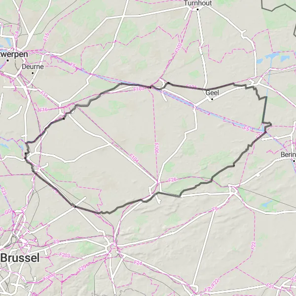 Map miniature of "Road Trip to Nijlen" cycling inspiration in Prov. Limburg (BE), Belgium. Generated by Tarmacs.app cycling route planner