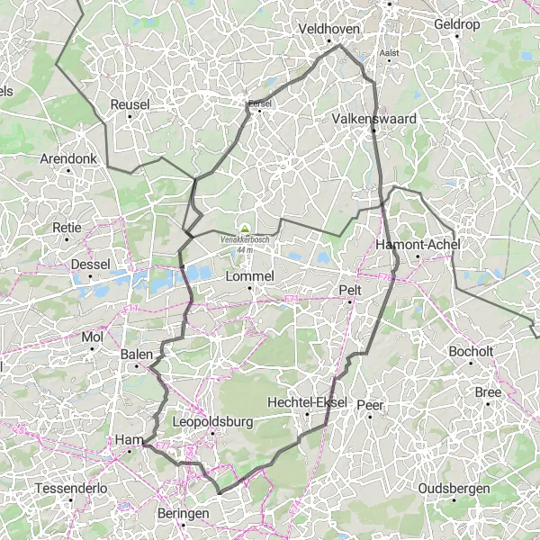 Map miniature of "Scenic Road Route near Oostham" cycling inspiration in Prov. Limburg (BE), Belgium. Generated by Tarmacs.app cycling route planner