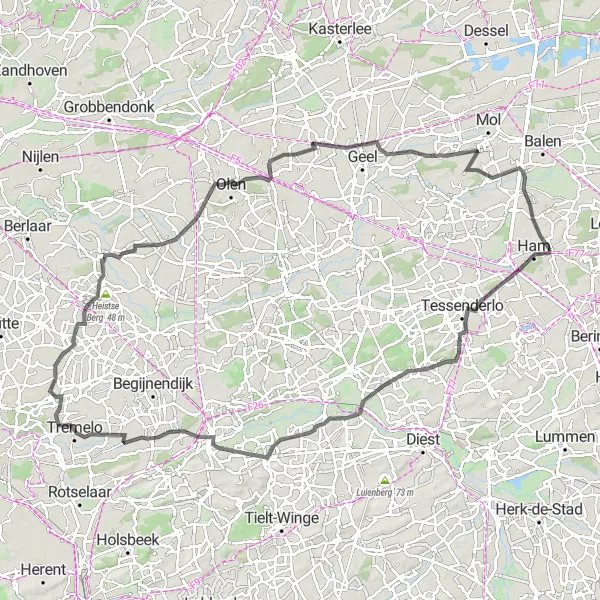 Map miniature of "Road Route to Watertoren - Uitkijktoren" cycling inspiration in Prov. Limburg (BE), Belgium. Generated by Tarmacs.app cycling route planner