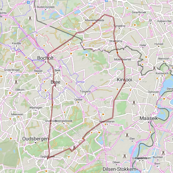 Map miniature of "Gravel Adventure near Opglabbeek" cycling inspiration in Prov. Limburg (BE), Belgium. Generated by Tarmacs.app cycling route planner