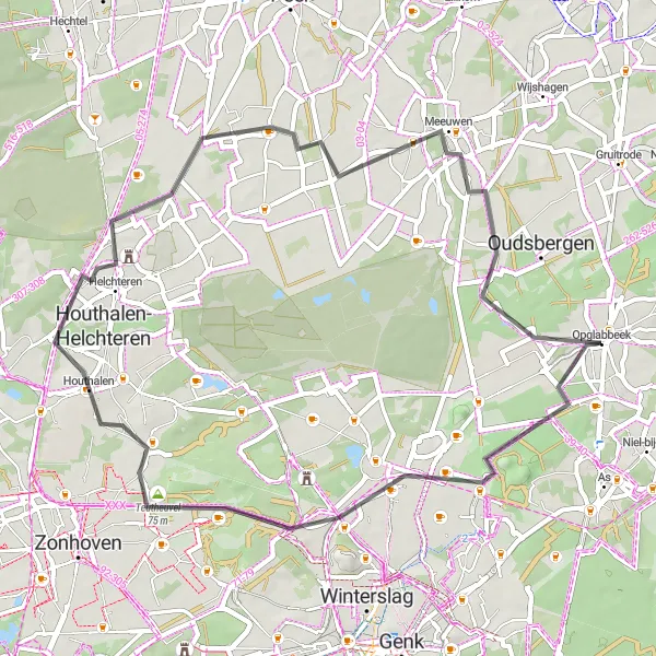 Map miniature of "Road Cycling from Opglabbeek to Beautiful Landscapes" cycling inspiration in Prov. Limburg (BE), Belgium. Generated by Tarmacs.app cycling route planner