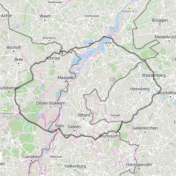Miniature de la carte de l'inspiration cycliste "Le Tour des Lacs et Forêts du Limbourg" dans la Prov. Limburg (BE), Belgium. Générée par le planificateur d'itinéraire cycliste Tarmacs.app