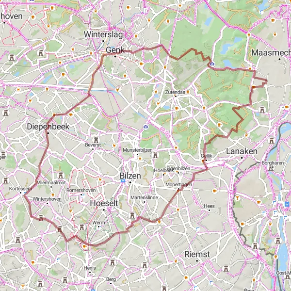 Map miniature of "Gravel Adventure through Natural Beauty" cycling inspiration in Prov. Limburg (BE), Belgium. Generated by Tarmacs.app cycling route planner