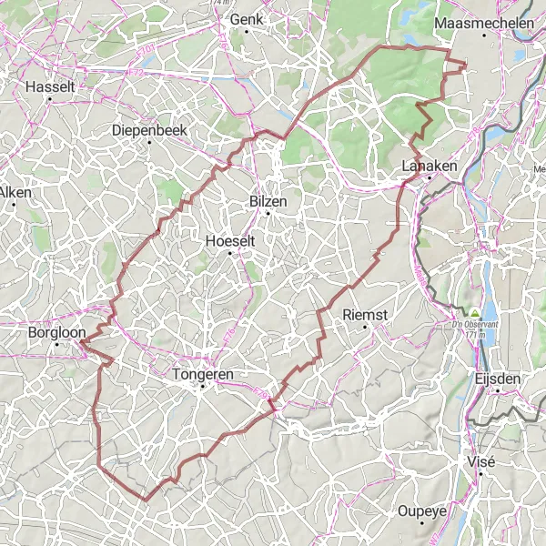 Miniatuurkaart van de fietsinspiratie "Avontuurlijke grindroutes bij Opgrimbie" in Prov. Limburg (BE), Belgium. Gemaakt door de Tarmacs.app fietsrouteplanner