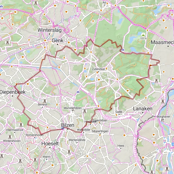 Map miniature of "Scenic Tour through Opgrimbie's Natural Treasures" cycling inspiration in Prov. Limburg (BE), Belgium. Generated by Tarmacs.app cycling route planner