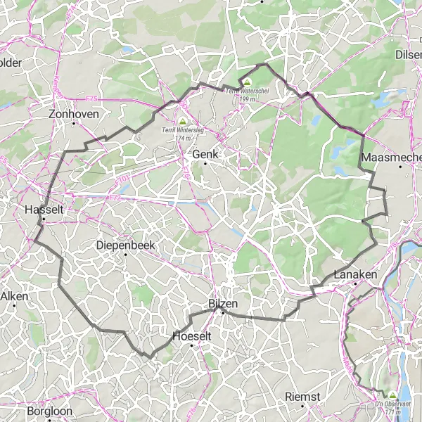 Map miniature of "Road Cycling Extravaganza to Uncover Opgrimbie's Charms" cycling inspiration in Prov. Limburg (BE), Belgium. Generated by Tarmacs.app cycling route planner