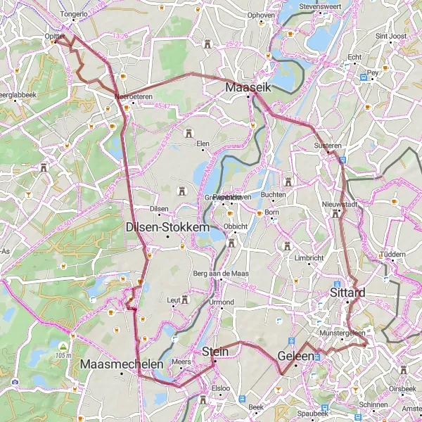 Karten-Miniaturansicht der Radinspiration "Gravelroute Maaseik - Geleen" in Prov. Limburg (BE), Belgium. Erstellt vom Tarmacs.app-Routenplaner für Radtouren