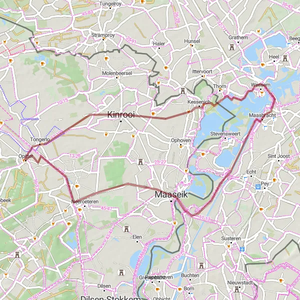 Map miniature of "The Gravel Tour of Kinrooi" cycling inspiration in Prov. Limburg (BE), Belgium. Generated by Tarmacs.app cycling route planner