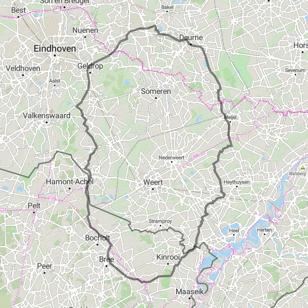 Karten-Miniaturansicht der Radinspiration "122 km Straßenrundtour durch Bree und Heibloem" in Prov. Limburg (BE), Belgium. Erstellt vom Tarmacs.app-Routenplaner für Radtouren