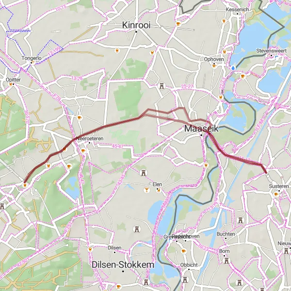 Miniatuurkaart van de fietsinspiratie "Graveltocht door Maasland en Opoeteren" in Prov. Limburg (BE), Belgium. Gemaakt door de Tarmacs.app fietsrouteplanner
