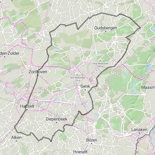 Map miniature of "Scenic road ride near Opoeteren" cycling inspiration in Prov. Limburg (BE), Belgium. Generated by Tarmacs.app cycling route planner