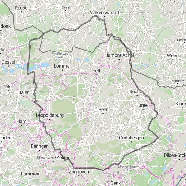 Map miniature of "Challenging road cycling route near Opoeteren" cycling inspiration in Prov. Limburg (BE), Belgium. Generated by Tarmacs.app cycling route planner