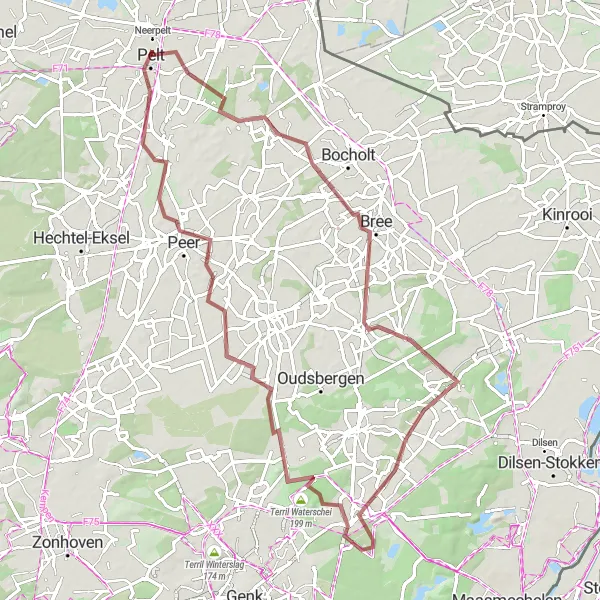 Map miniature of "The Gravel Bree Loop" cycling inspiration in Prov. Limburg (BE), Belgium. Generated by Tarmacs.app cycling route planner