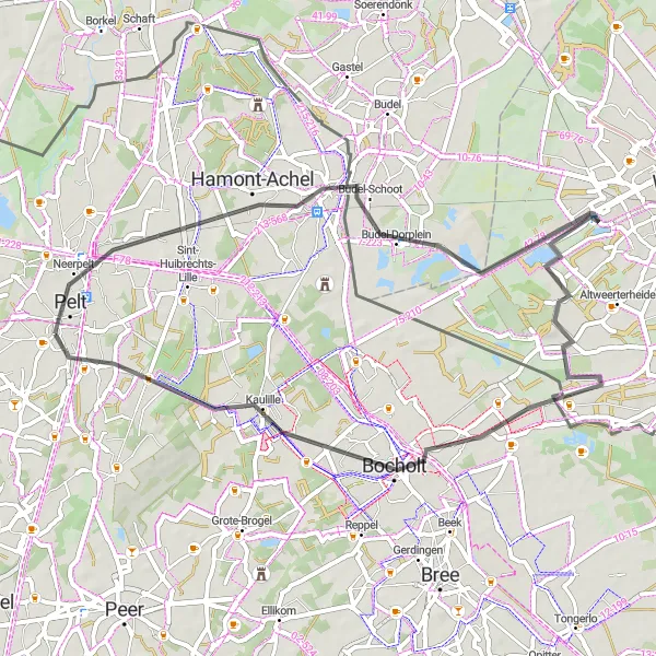 Map miniature of "Hamont-Achel to Bocholt Road Route" cycling inspiration in Prov. Limburg (BE), Belgium. Generated by Tarmacs.app cycling route planner