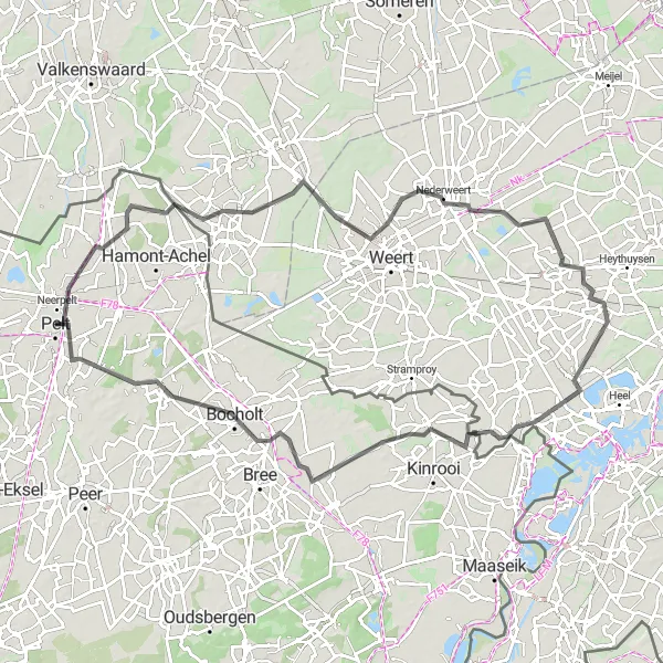 Map miniature of "Budel to Molenbeersel Road Route" cycling inspiration in Prov. Limburg (BE), Belgium. Generated by Tarmacs.app cycling route planner